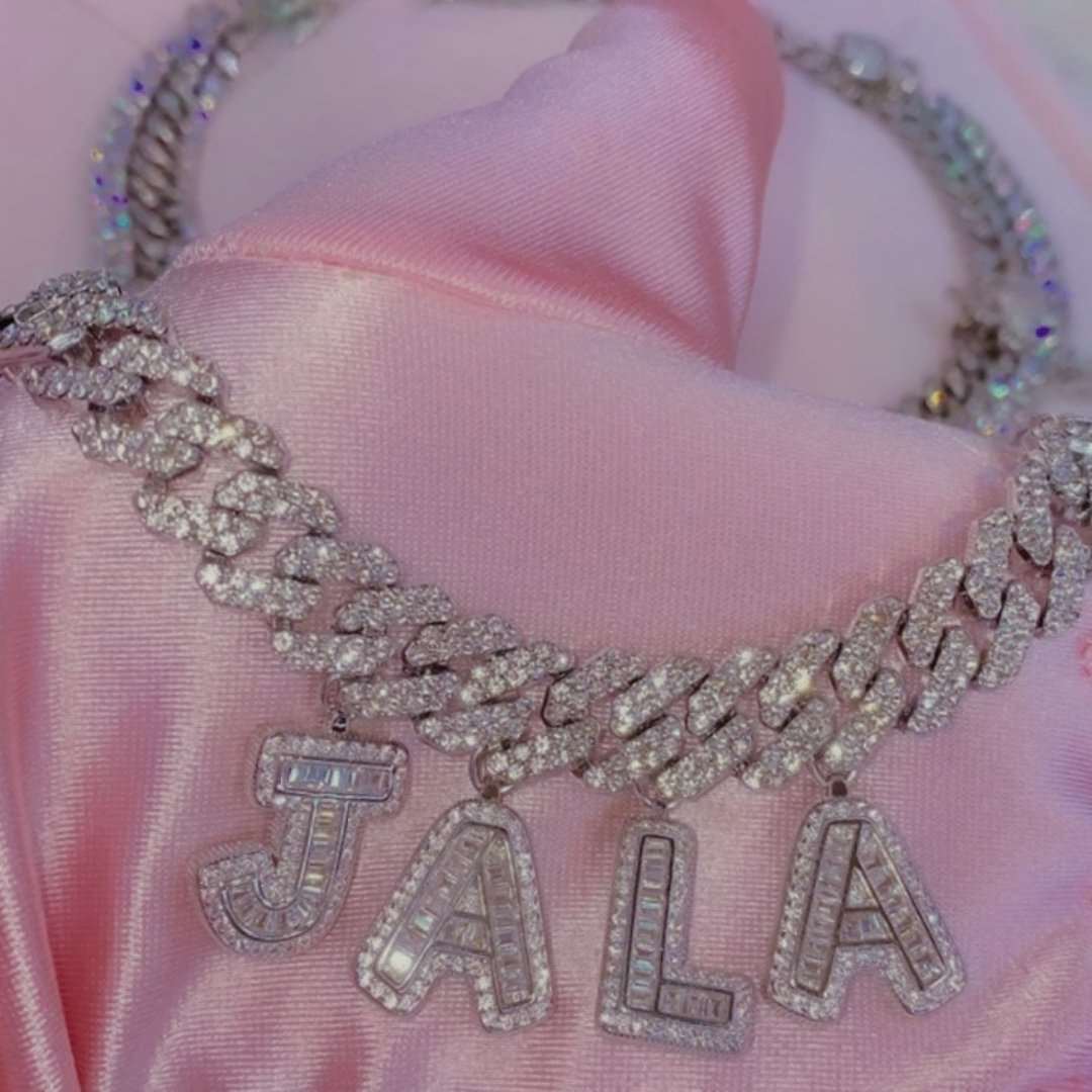 Necklaces Azzam CZ Baguette Letters Cuban Chain KHLOE JEWELS Custom Jewelry