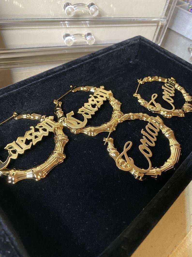 Earrings Bamboo Custom Name Hoop Earrings KHLOE JEWELS Custom Jewelry