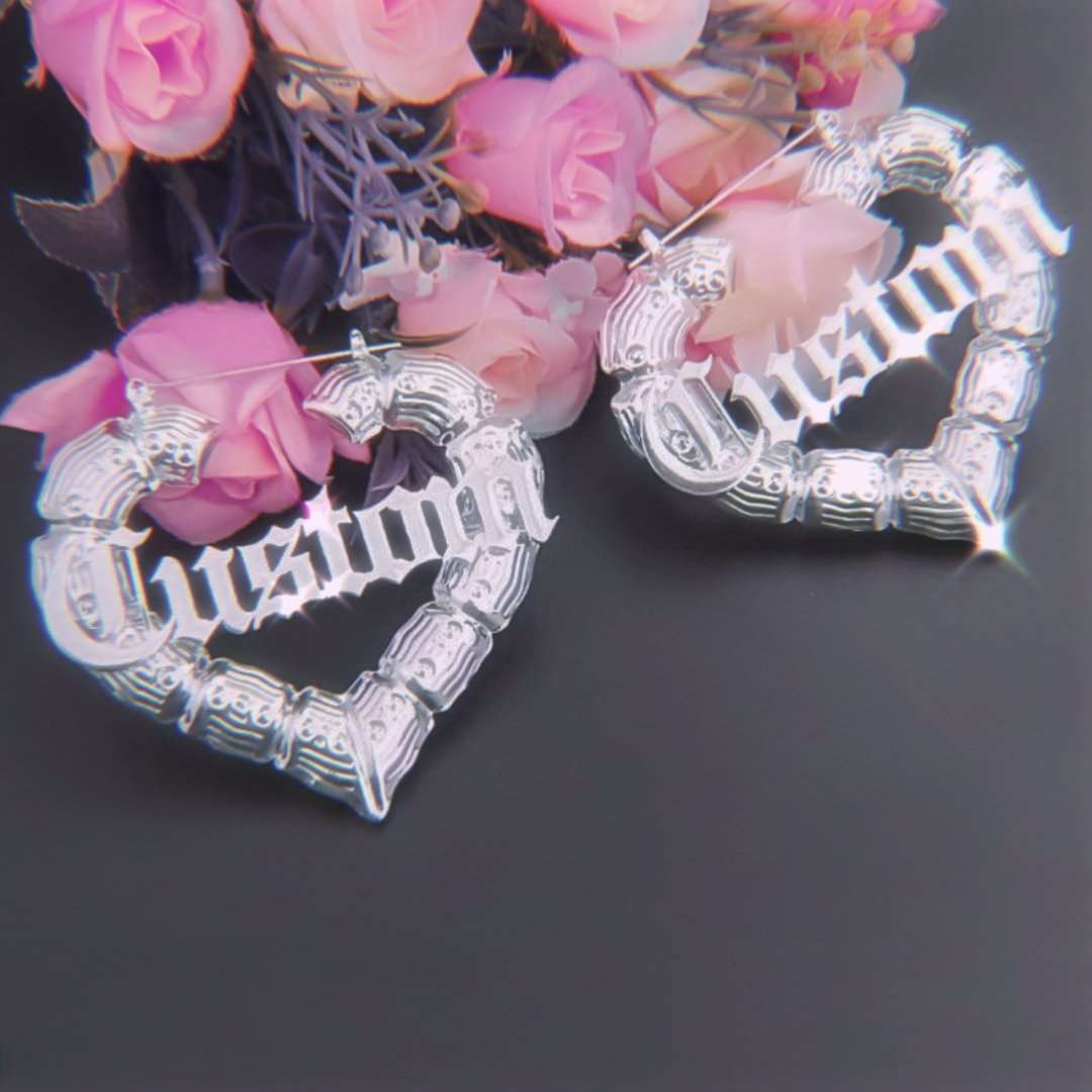 Earrings Bamboo Heart Custom Name Hoop Earrings KHLOE JEWELS Custom Jewelry