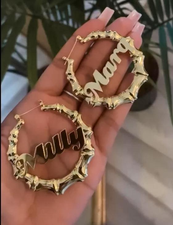 Earrings Bamboo Custom Name Hoop Earrings KHLOE JEWELS Custom Jewelry