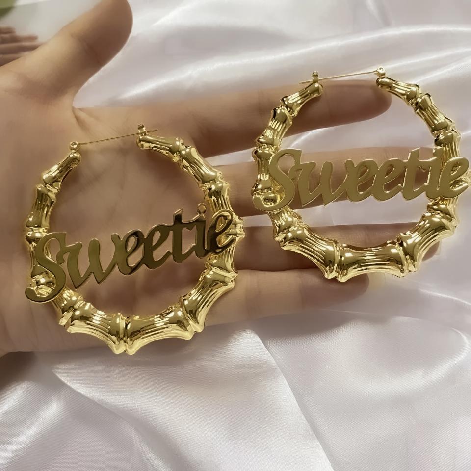 Earrings Bamboo Custom Name Hoop Earrings KHLOE JEWELS Custom Jewelry