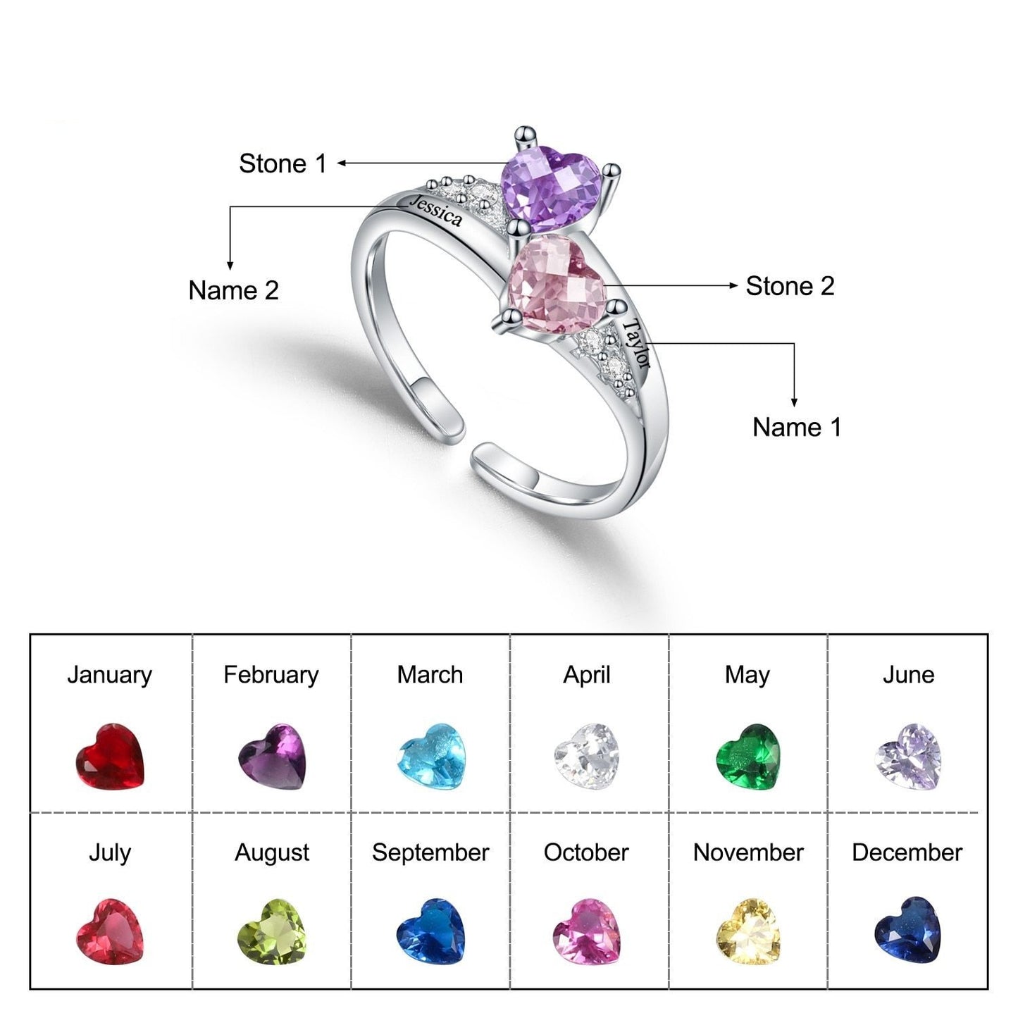 Rings Serene Heart CZ Custom Birthstones Ring KHLOE JEWELS